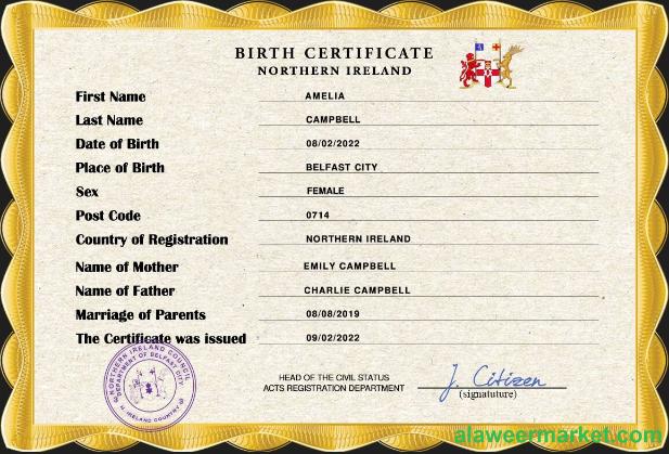 Northern Ireland vital record birth certificate PSD template